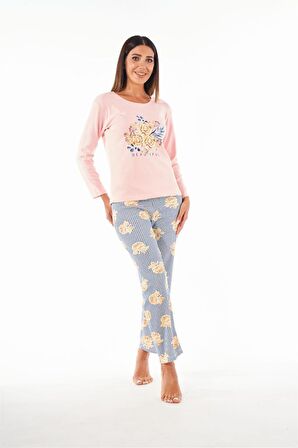 Estiva Patlı Yaka Desenli Uzun Kol Kadın Pijama Takım