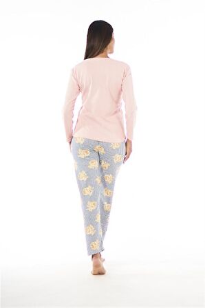 Estiva Patlı Yaka Desenli Uzun Kol Kadın Pijama Takım