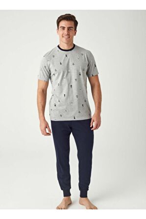 Çapalı Paça Lastik Bilekli Erkek Pijama Takım Gri-XL