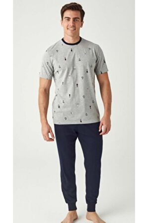 Çapalı Paça Lastik Bilekli Erkek Pijama Takım Gri-XL