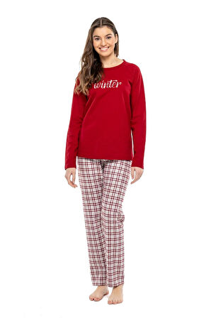 Sıfır Yaka Kareli Bayan Pijama Takım