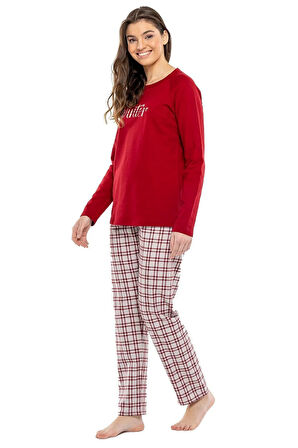 Sıfır Yaka Kareli Bayan Pijama Takım