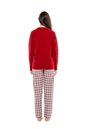 Sıfır Yaka Kareli Bayan Pijama Takım