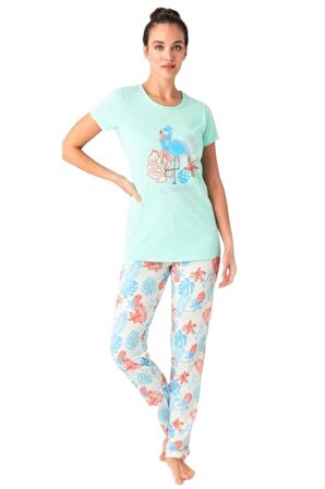 %100 Pamuk Kısa Kol Bayan Pijama Takım Mint-L