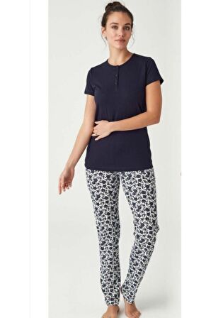 %100 Pamuk Patlı Kısa Kol Bayan Pijama Takım Lacivert-M