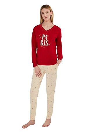 Pierre Cardin V Yaka Uzun Kol %100 Pamuk Bayan Pijama Takım