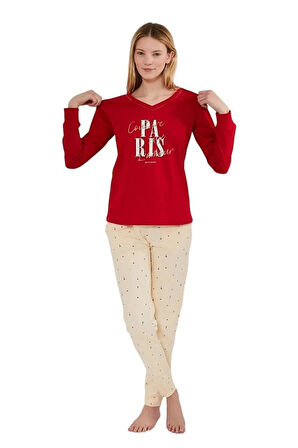 Pierre Cardin V Yaka Uzun Kol %100 Pamuk Kadın Pijama Takım