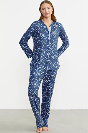 Sementa Minimal Desen Yumoş Önden Düğmeli Bayan Pijama Takım 
