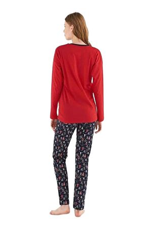 . Sıfır Yaka Pamuklu Kışlık Bayan Pijama Takım