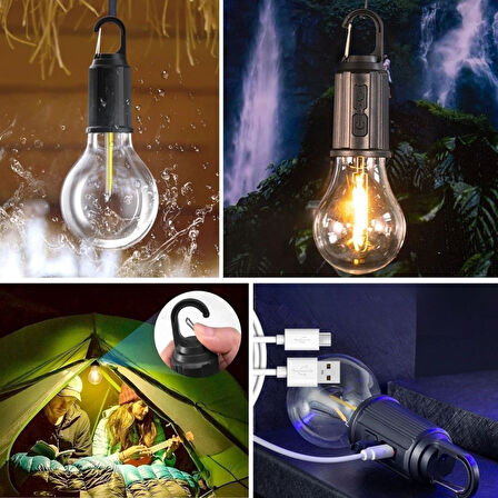 BUFFER® Şarj Olabilen 3 Farklı Mod LED'li Kendiliğinden Asma Kancalı Kamp,Dış Cephe Lambası