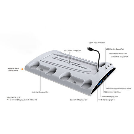 Ps5 Fanlı Şarj Standı- Rgb Işıklı + Soğutma+Kulaklık Tutucu