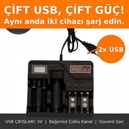  Li-İon PİL Şarj Cihazı Akıllı LCD Ekran, Hızlı Şarj, Çoklu Pil Desteği (AA/AAA/9V, 18650, 21700, 26650)