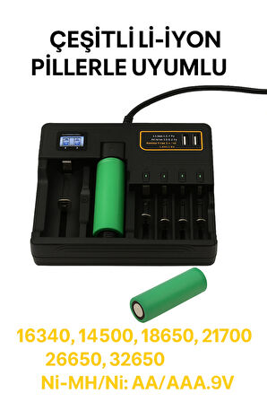  Li-İon PİL Şarj Cihazı Akıllı LCD Ekran, Hızlı Şarj, Çoklu Pil Desteği (AA/AAA/9V, 18650, 21700, 26650)