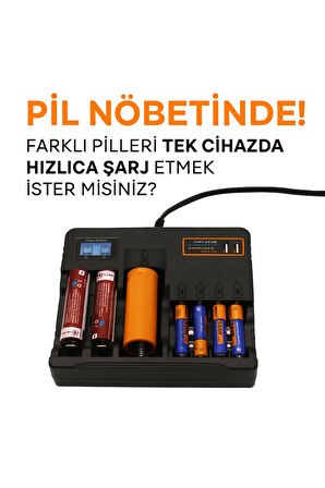  Li-İon PİL Şarj Cihazı Akıllı LCD Ekran, Hızlı Şarj, Çoklu Pil Desteği (AA/AAA/9V, 18650, 21700, 26650)