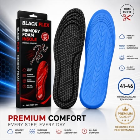 PERFECT FİT ARK DESTEKLİ SİYAH PETEK ERKEK MEMORY FOAM DARBE EMİCİ HAFIZALI İÇ TABANLIK 41-46 NUMARAYA GÖRE KOLAY KESİLEBİLİR