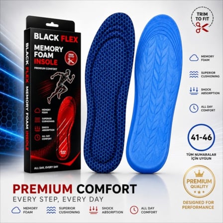PERFECT FİT ARK DESTEKLİ MAVİ PETEK ERKEK MEMORY FOAM DARBE EMİCİ HAFIZALI İÇ TABANLIK 41-46 NUMARAYA GÖRE KOLAY KESİLEBİLİR