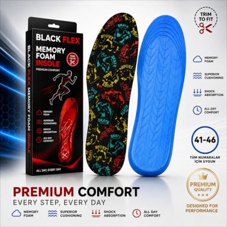 PERFECT FİT ARK DESTEKLİ RENKLİ ERKEK MEMORY FOAM DARBE EMİCİ HAFIZALI İÇ TABANLIK 41-46 NUMARAYA GÖRE KOLAY KESİLEBİLİR