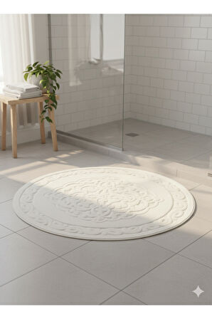 Yuvarlak Pamuk Banyo Paspası Halısı Beyaz 120x120 cm – %100 Pamuk, Yumuşak ve Dekoratif