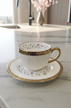 Florena Altın Yaldızlı Kabartmalı Porselen Türk Kahvesi Fincan Takımı 6’lı 90 cc-Pembe/Mavi