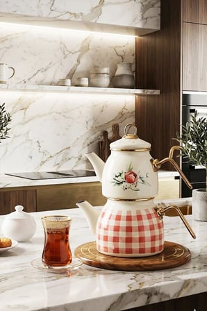Rosalia Emaye Çaydanlık Takımı 2 Parça 2,1 + 1,3 Litre Çiçek Desenli Emaye Çaydanlık Seti