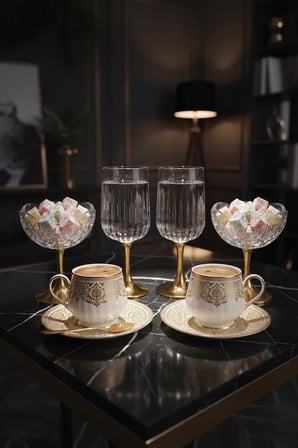 Gold Metal Ayaklı Cam Kahve Yanı Bardak ve Sunumluk Şekerlik Lokumluk Kahve Yanı İkramlık (2 şer Adet)