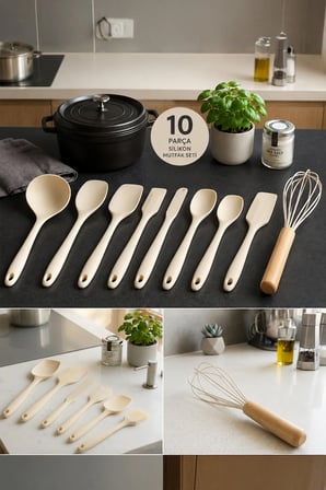 Arel Silikon Mutfak Seti 10 Parça Isıya Dayanıklı Spatula Kaşık Fırça Seti+Çırpıcı+Yemek Servis ve Hazırlık Seti-KREM