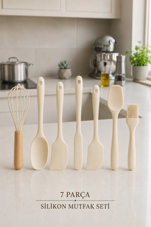Arel Silikon Mutfak Seti 10 Parça Isıya Dayanıklı Spatula Kaşık Fırça Seti+Çırpıcı+Yemek Servis ve Hazırlık Seti-KREM