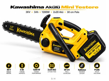 Algaride Kawashima Akülü Mini Testere 36V 3Ah 1200W 30 cm Kılavuz  Çift Akülü Pratik Budama ve Kesim Motoru