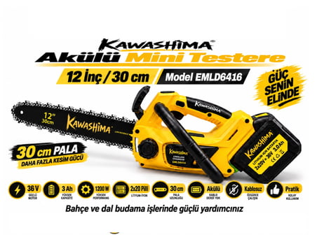 Algaride Kawashima Akülü Mini Testere 36V 3Ah 1200W 30 cm Kılavuz  Çift Akülü Pratik Budama ve Kesim Motoru