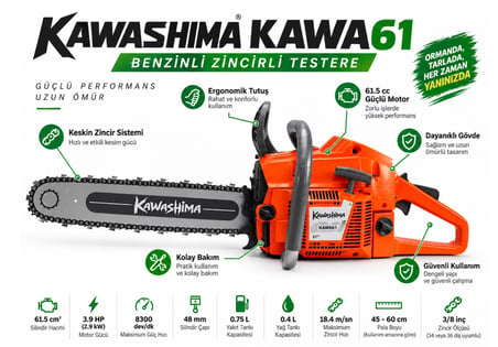 Algaride Kawashima KAWA61 Benzinli Motorlu Testere 61.5cc 3.9HP 2.9kW  60 cm Uyumlu 3/8 Zincir Profesyonel Kesim Motoru
