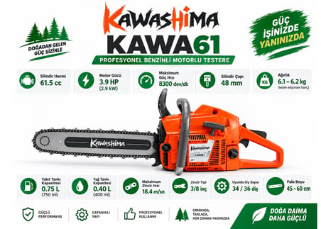Algaride Kawashima KAWA61 Benzinli Motorlu Testere 61.5cc 3.9HP 2.9kW  60 cm Uyumlu 3/8 Zincir Profesyonel Kesim Motoru