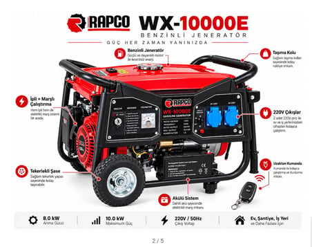 Algaride Rapc WX-10000E Benzinli Jeneratör 10 kW Maksimum Güç 420cc Marşlı İpli Akülü Uzaktan Kumandalı 220v   8 kW Anma Gücü 