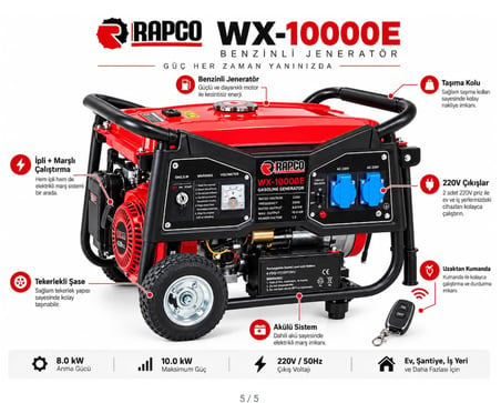 Algaride Rapc WX-10000E Benzinli Jeneratör 10 kW Maksimum Güç 420cc Marşlı İpli Akülü Uzaktan Kumandalı 220v   8 kW Anma Gücü 