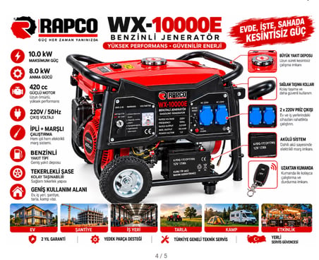 Algaride Rapc WX-10000E Benzinli Jeneratör 10 kW Maksimum Güç 420cc Marşlı İpli Akülü Uzaktan Kumandalı 220v   8 kW Anma Gücü 