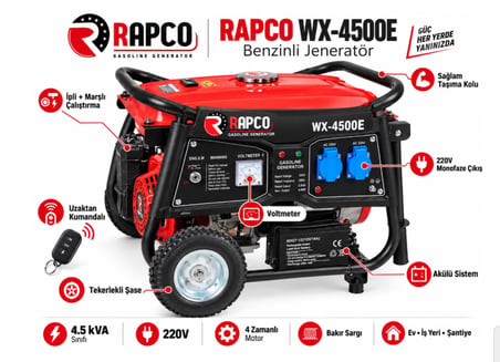 Algaride Rapc WX-4500E Benzinli Jeneratör 4.5 Kva Uzaktan Kumandalı Marşlı  İpli Monofaze 220V Tekerlekli Güç Ünitesi