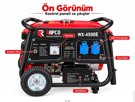 Algaride Rapc WX-4500E Benzinli Jeneratör 4.5 Kva Uzaktan Kumandalı Marşlı  İpli Monofaze 220V Tekerlekli Güç Ünitesi