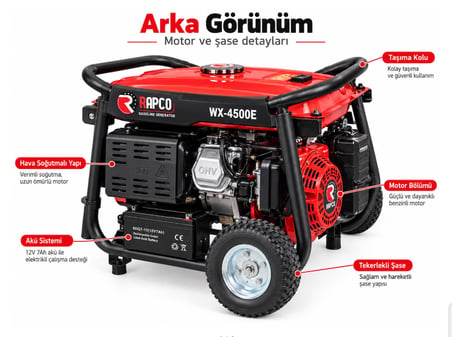 Algaride Rapc WX-4500E Benzinli Jeneratör 4.5 Kva Uzaktan Kumandalı Marşlı  İpli Monofaze 220V Tekerlekli Güç Ünitesi