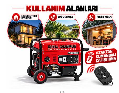 Algaride Royal Champion WX-3800E 3,8 kW Benzinli Jeneratör Uzaktan Kumandalı Marşlı ve İpli  220 V Monofaze  Tekerlekli