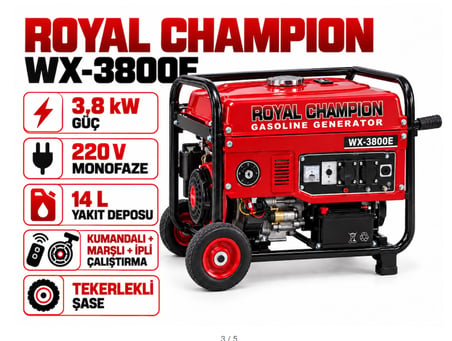 Algaride Royal Champion WX-3800E 3,8 kW Benzinli Jeneratör Uzaktan Kumandalı Marşlı ve İpli  220 V Monofaze  Tekerlekli