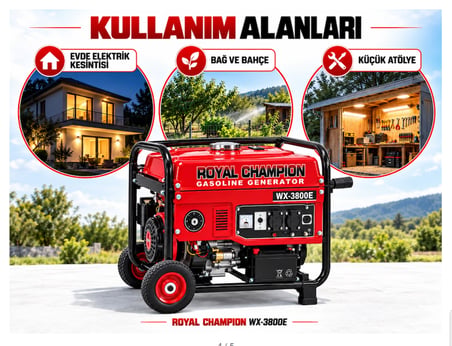 Algaride Royal Champion WX-3800E 3,8 kW Benzinli Jeneratör Uzaktan Kumandalı Marşlı ve İpli  220 V Monofaze  Tekerlekli