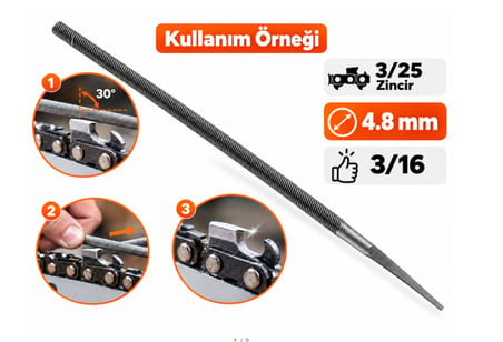 Algaride 4,8 mm 3/16 Motorlu Testere Zincir  Eğesi  3/25 Zincir Uyumlu Yuvarlak Bileme Eğesi 1 Adet