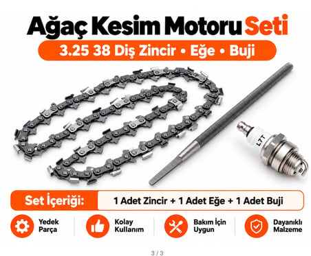 Algaride Motorlu Testere  325 38 Diş Zincir Zincir Eğesi  Buji 3 Parça Ağaç Kesim Motoru Yedek Parça