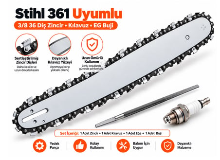 Algaride Stihl 361 Uyumlu Motorlu Testere 3/8 36 Diş Zincir  Kılavuz Eğe Buji Bakım ve Yedek Parça Seti