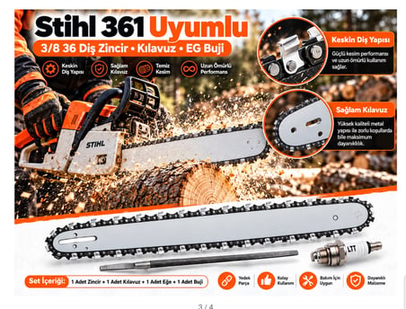 Algaride Stihl 361 Uyumlu Motorlu Testere 3/8 36 Diş Zincir  Kılavuz Eğe Buji Bakım ve Yedek Parça Seti