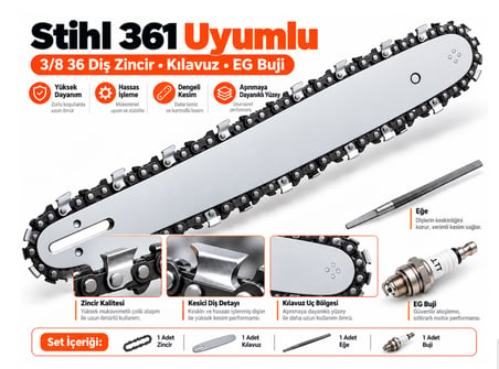 Algaride Stihl 361 Uyumlu Motorlu Testere 3/8 36 Diş Zincir  Kılavuz Eğe Buji Bakım ve Yedek Parça Seti