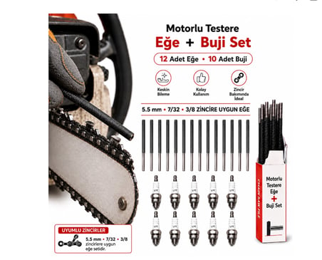 Algaride Motorlu Testere Eğe Buji Seti 12 Adet 5.5 mm  Zincir Eğesi 10 Adet Buji 7/32 3/8 Zincir Uyumlu