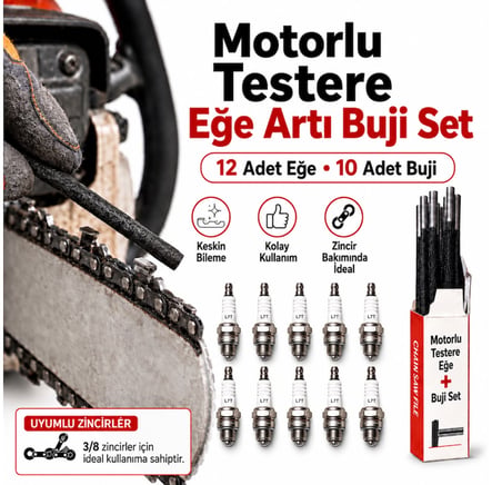 Algaride Motorlu Testere Eğe Buji Seti 12 Adet 5.5 mm  Zincir Eğesi 10 Adet Buji 7/32 3/8 Zincir Uyumlu