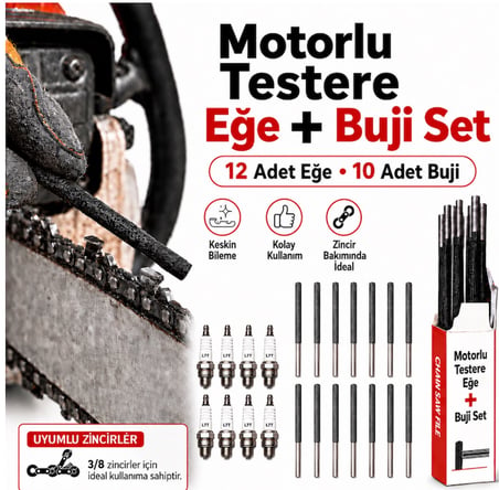 Algaride Motorlu Testere Eğe Buji Seti 12 Adet 5.5 mm  Zincir Eğesi 10 Adet Buji 7/32 3/8 Zincir Uyumlu