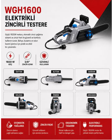 Algaride Wgh1600 1600W Elektrikli Zincirli Testere 40cm  3/8 91 Zincir Otomatik Yağlama ve Zincir Frenli