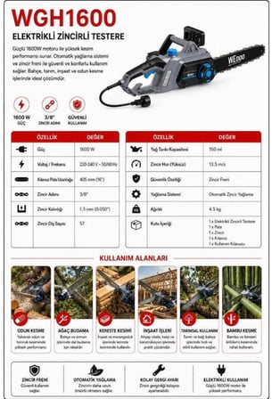 Algaride Wgh1600 1600W Elektrikli Zincirli Testere 40cm  3/8 91 Zincir Otomatik Yağlama ve Zincir Frenli